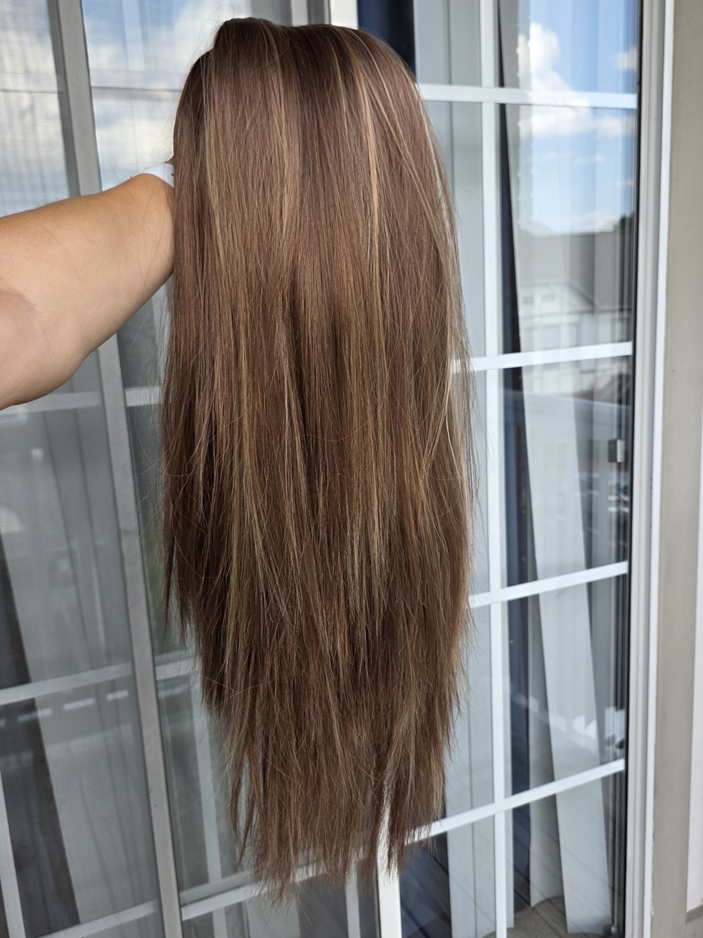 Premium Brown Long Straight Women’s Hairpiece with Subtle Blonde Highlights
